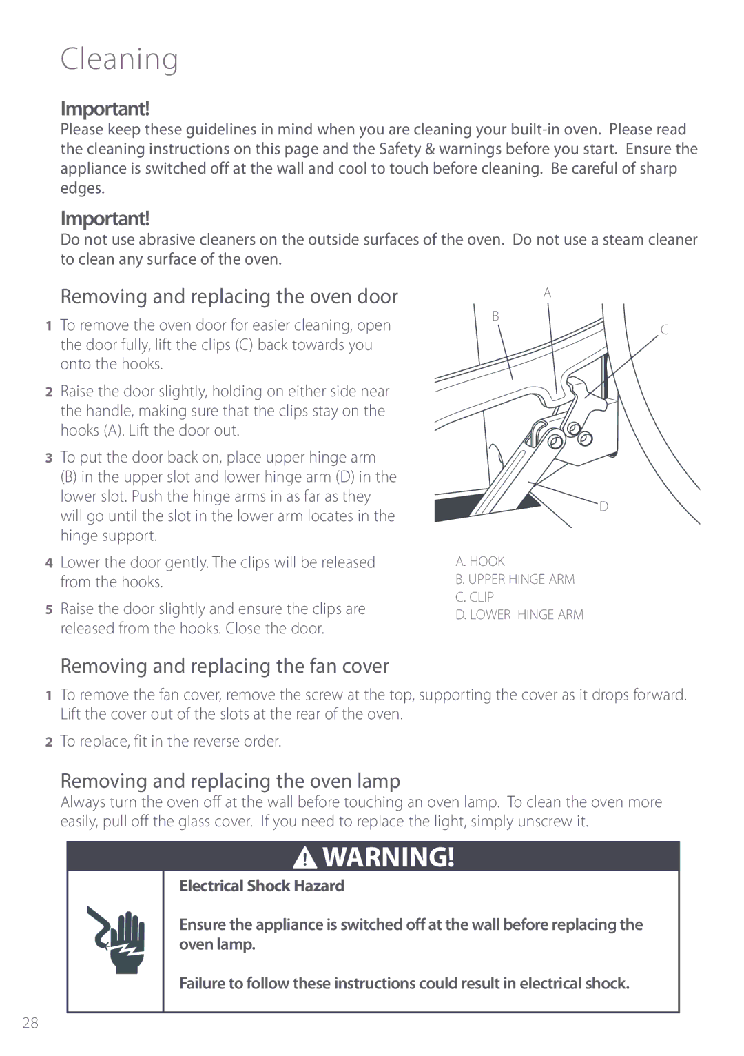 Fisher & Paykel BI452 manual Cleaning, Removing and replacing the oven door, Removing and replacing the fan cover 