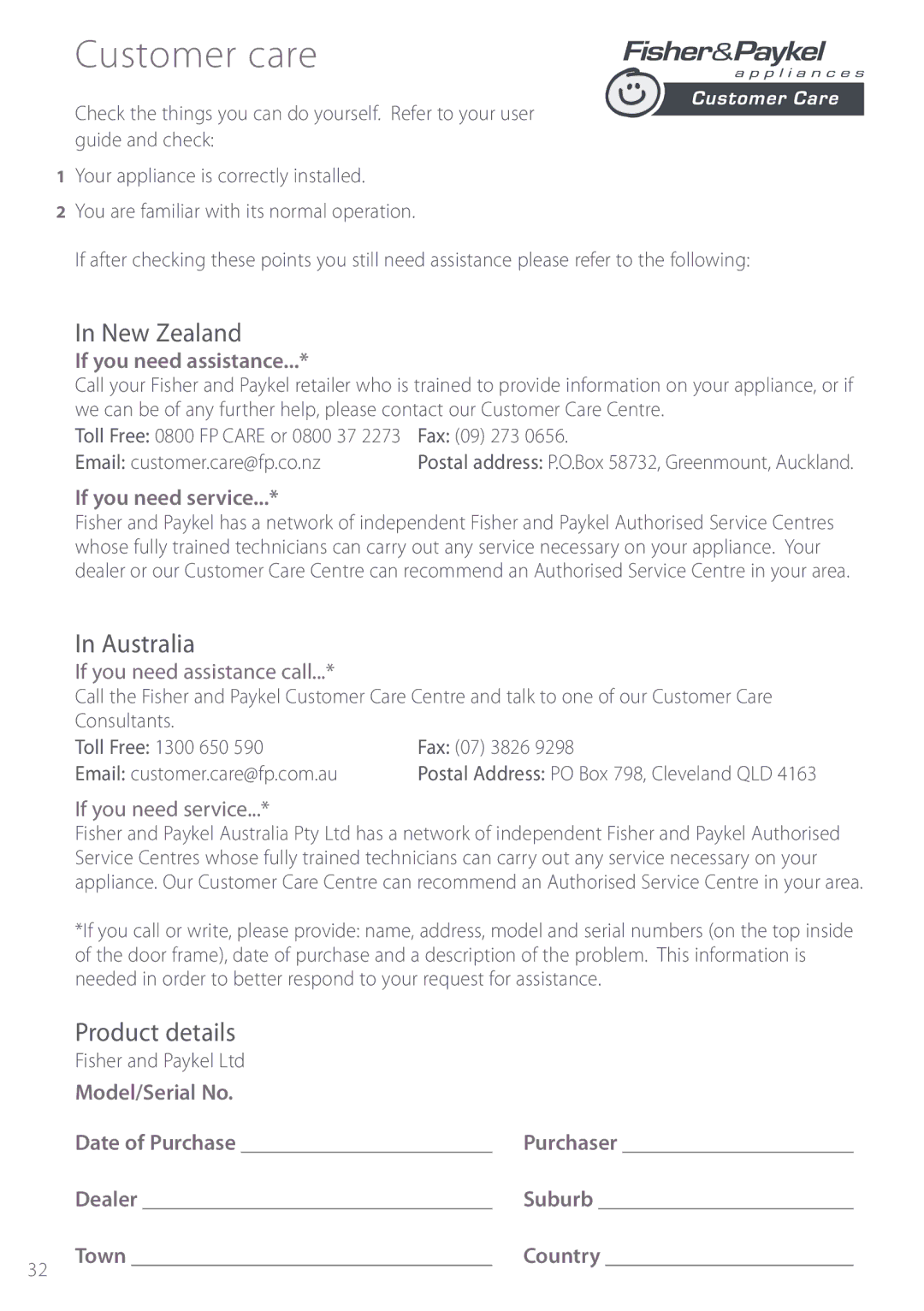 Fisher & Paykel BI452 manual Customer care, New Zealand, Australia, Product details 