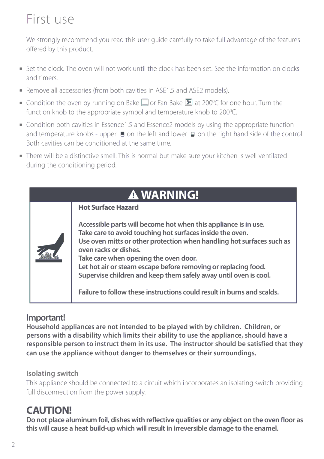 Fisher & Paykel BI452 manual First use, Hot Surface Hazard 