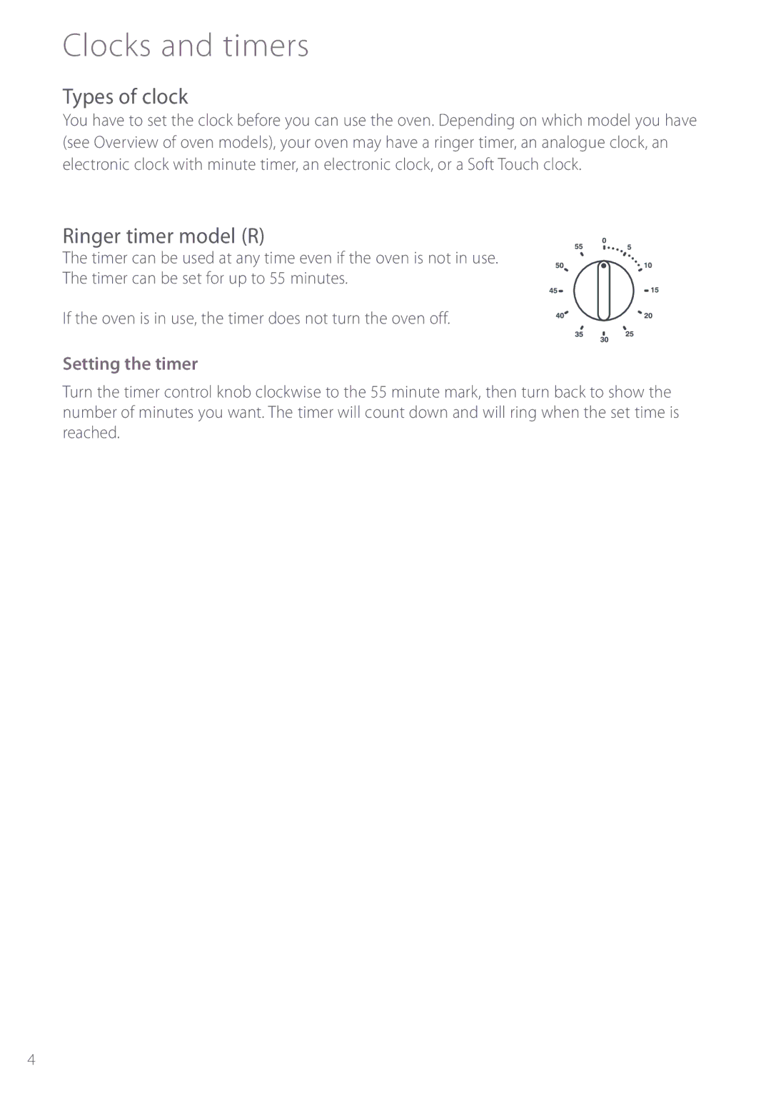 Fisher & Paykel BI452 manual Clocks and timers, Types of clock, Ringer timer model R, Setting the timer 