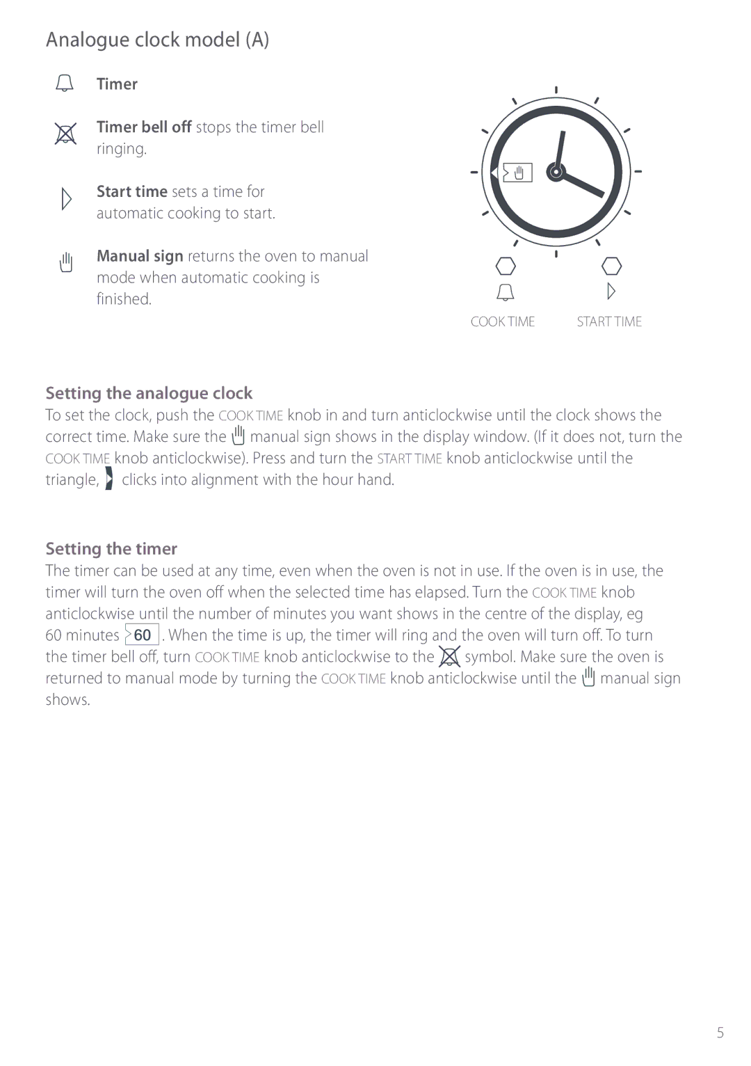 Fisher & Paykel BI452 manual Analogue clock model a, Timer Timer bell off stops the timer bell ringing 