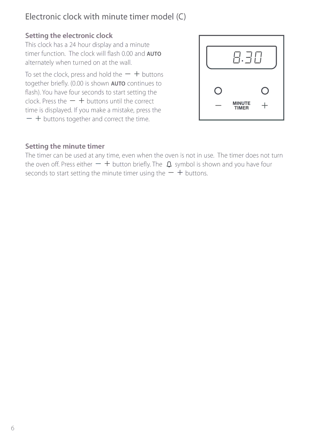 Fisher & Paykel BI452 Electronic clock with minute timer model C, Setting the electronic clock, Setting the minute timer 