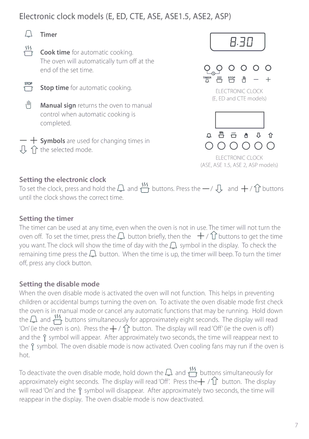 Fisher & Paykel BI452 manual Electronic clock models E, ED, CTE, ASE, ASE1.5, ASE2, ASP, Timer, Setting the disable mode 