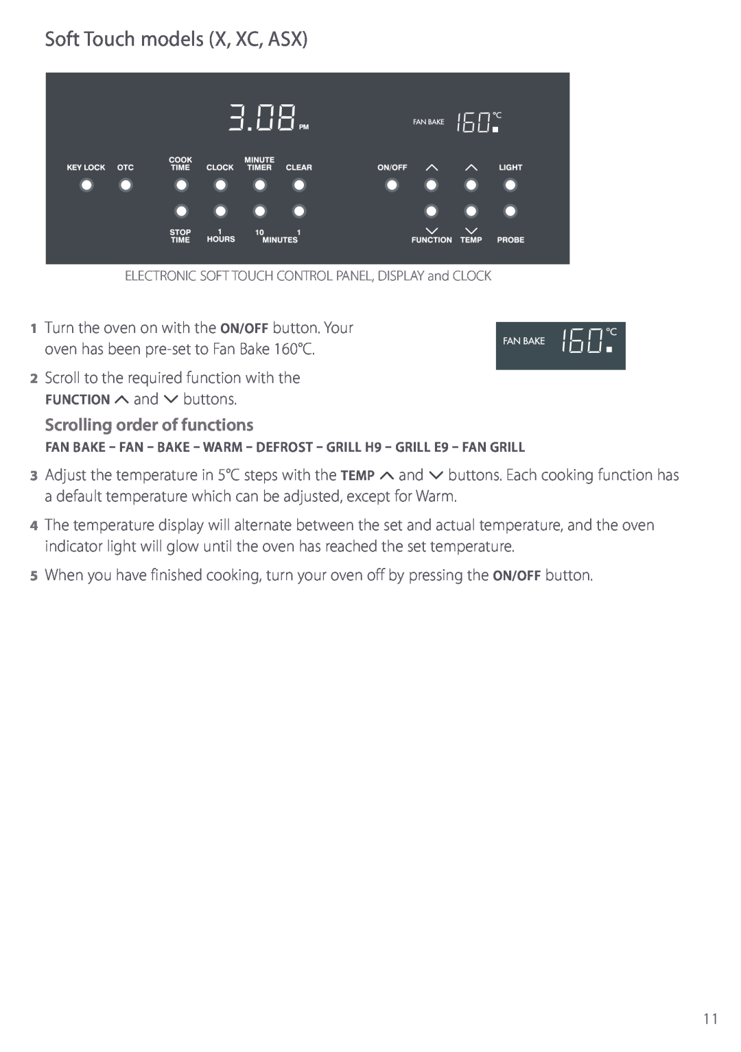 Fisher & Paykel BI452 manual Soft Touch models X, XC, ASX, Scrolling order of functions 