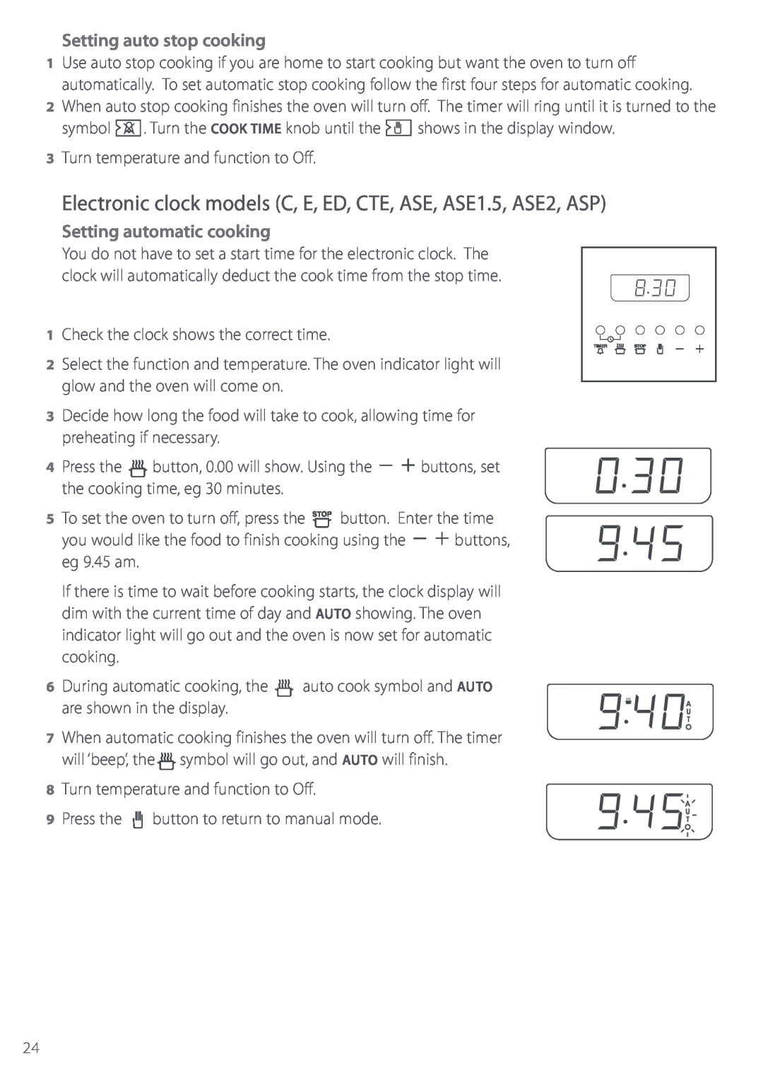 Fisher & Paykel BI452 manual Electronic clock models C, E, ED, CTE, ASE, ASE1.5, ASE2, ASP, Setting auto stop cooking 