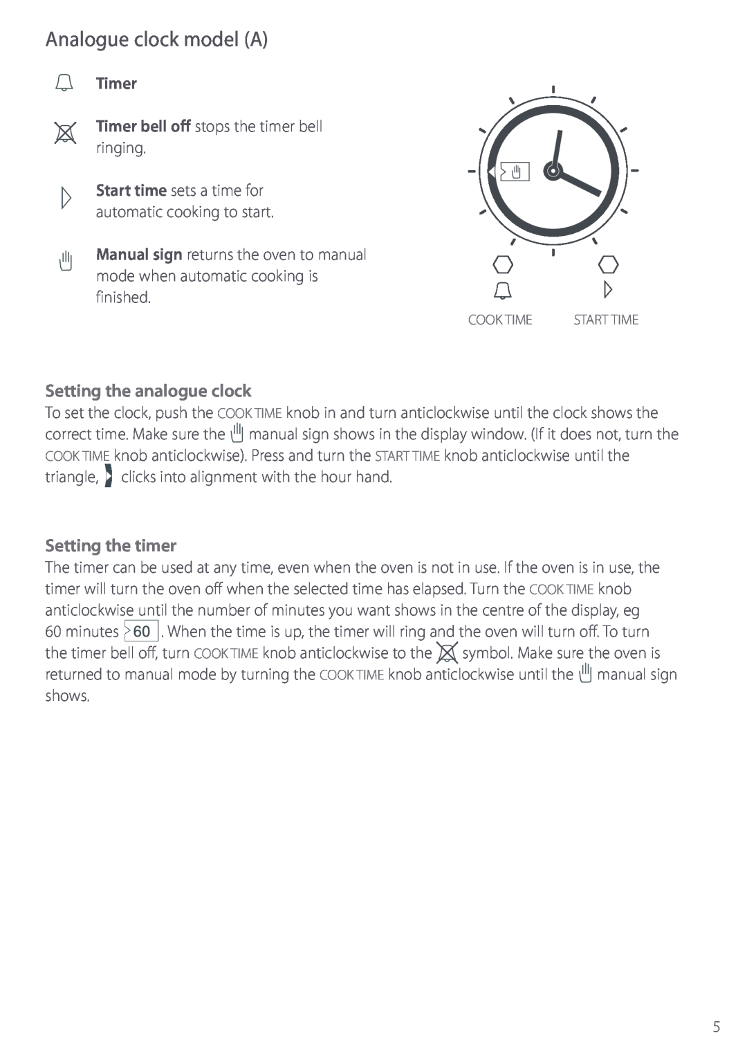 Fisher & Paykel BI452 manual Analogue clock model A, Timer Timer bell off stops the timer bell ringing, Setting the timer 