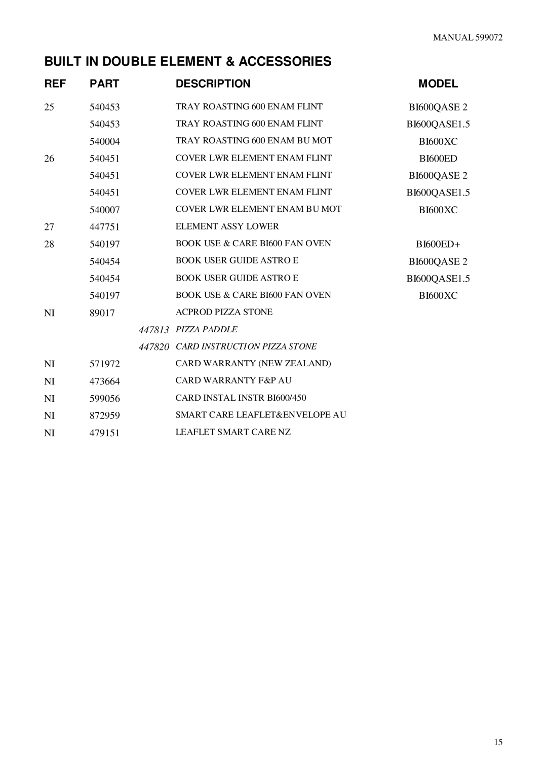 Fisher & Paykel BI600QASE2, BI600QASE1.5, BI600ED, BI600XC manual 447813 