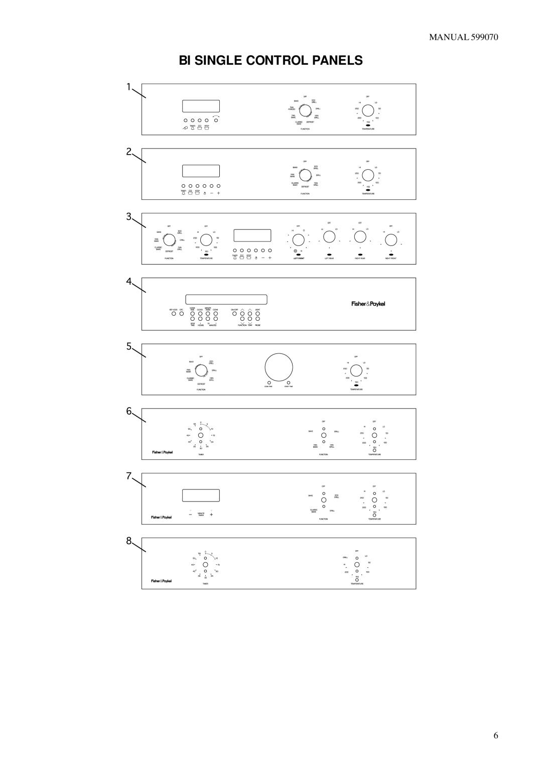 Fisher & Paykel BI600QIO BI600QWD, BI600S, BI600GR BI600QAA, BI600A, BI600CR BI600E manual BI Single Control Panels 