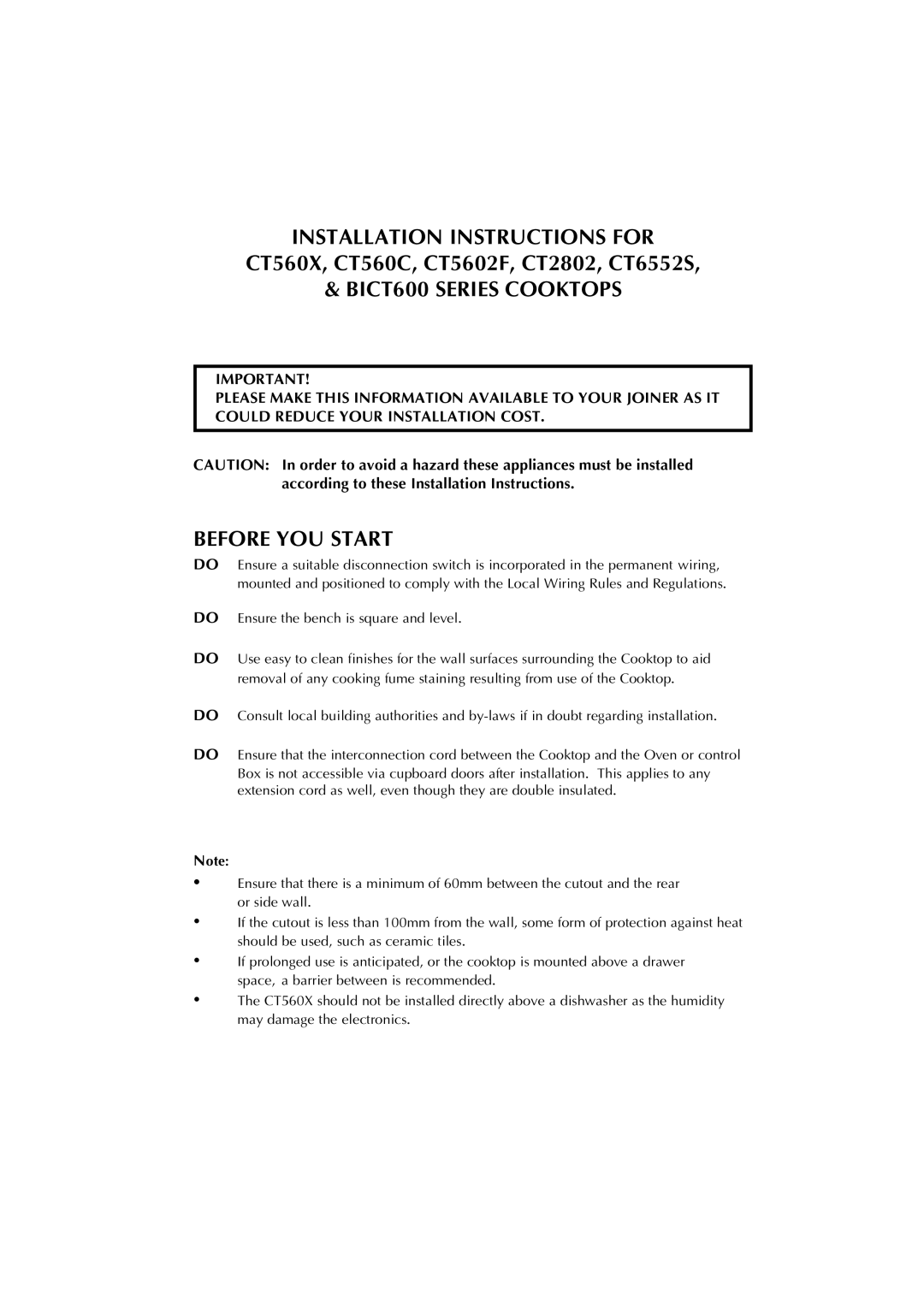 Fisher & Paykel BI601 installation instructions CT560X, CT560C, CT5602F, CT2802, CT6552S, BICT600 Series Cooktops 