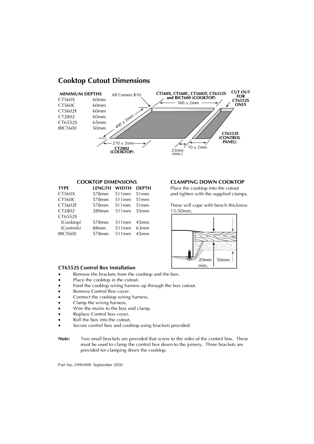 Fisher & Paykel BI601 installation instructions Cooktop Cutout Dimensions, Cooktop Dimensions 