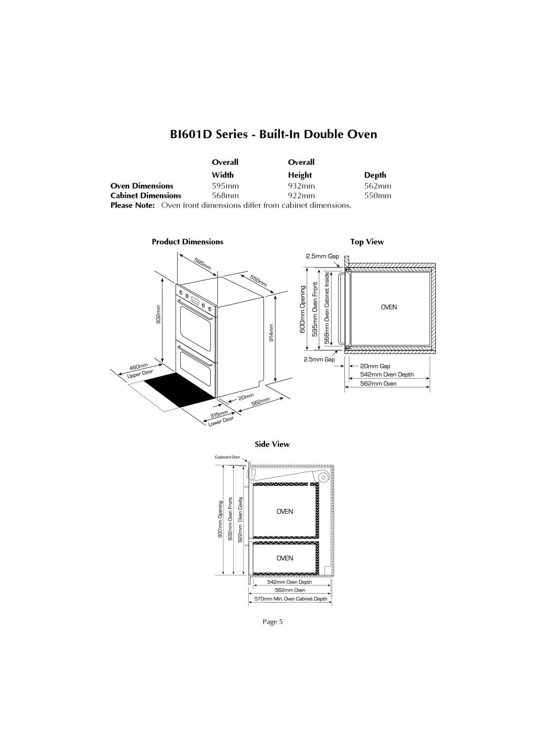 Fisher & Paykel BI601 installation instructions Overall Width Height Depth Oven Dimensions 595mm 932mm 