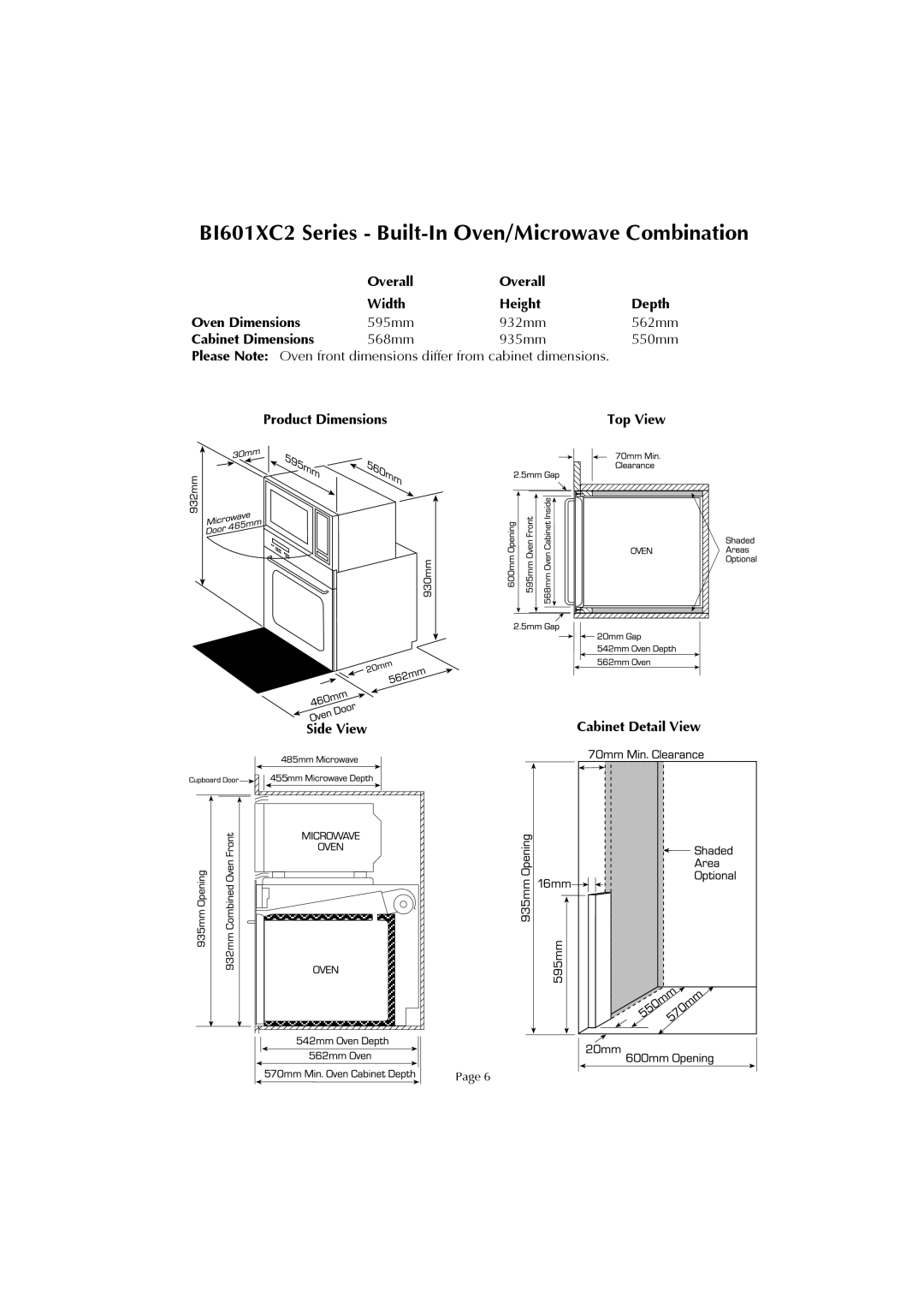 Fisher & Paykel BI601 installation instructions Cabinet Detail View 