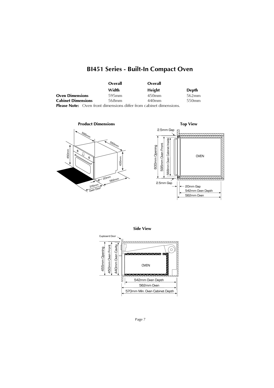 Fisher & Paykel BI601 installation instructions Overall Width Height Depth Oven Dimensions 595mm 450mm 