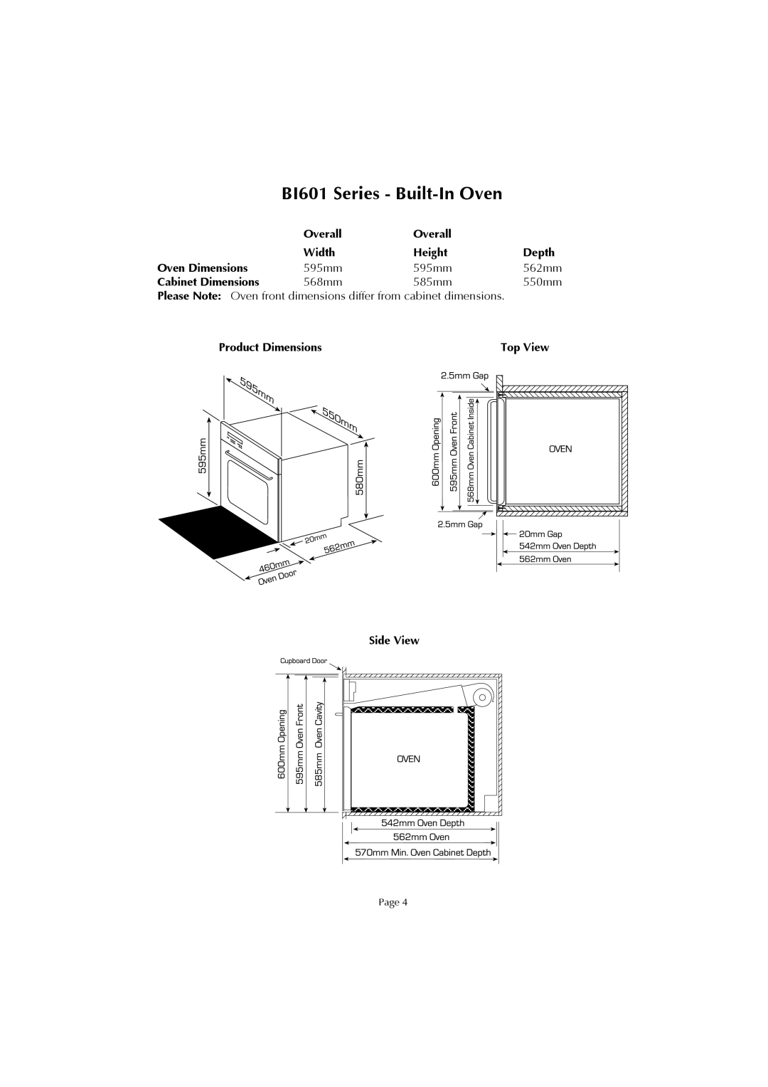 Fisher & Paykel installation instructions BI601 Series - Built-InOven, Overall 