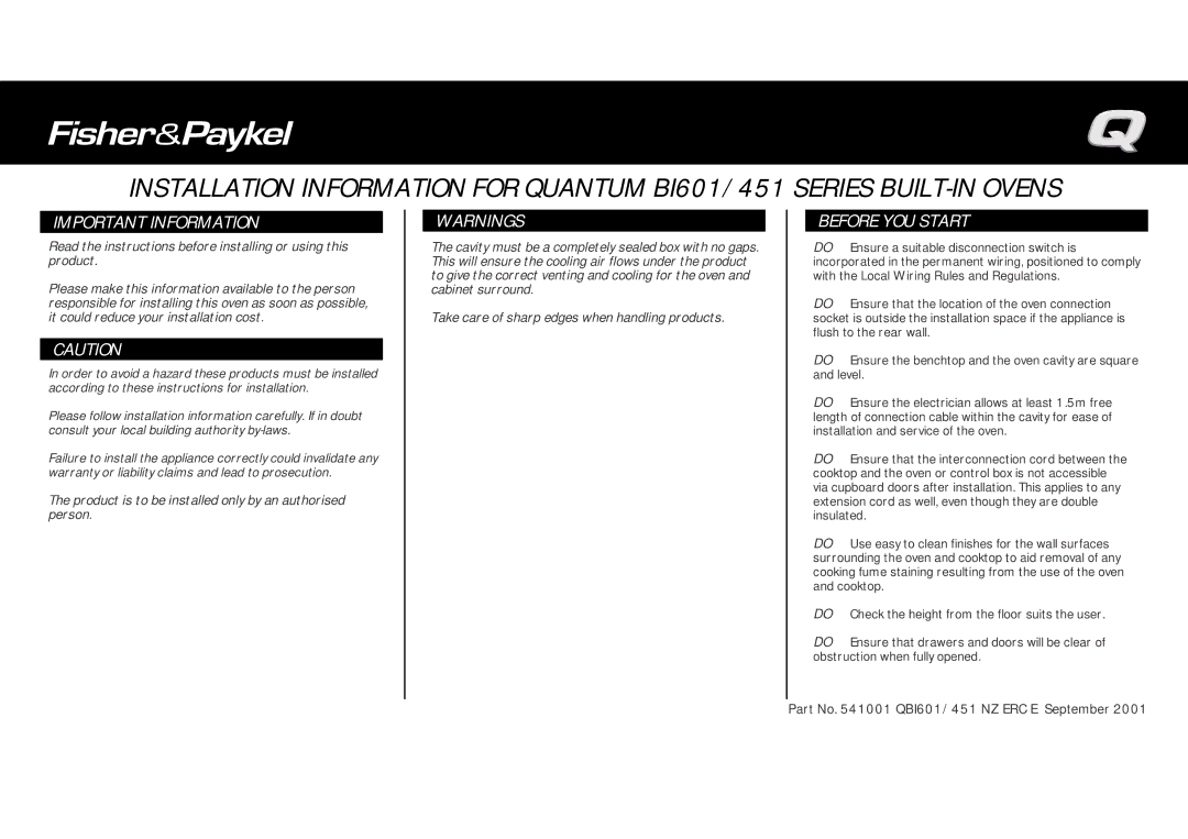 Fisher & Paykel BI601/451 warranty Important Information, Before YOU Start 