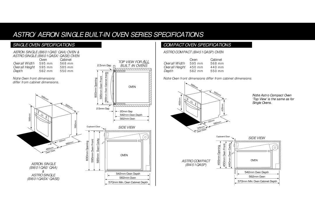 Fisher & Paykel BI601/451 warranty ASTRO/AERON Single BUILT-IN Oven Series Specifications, Single Oven Specifications 