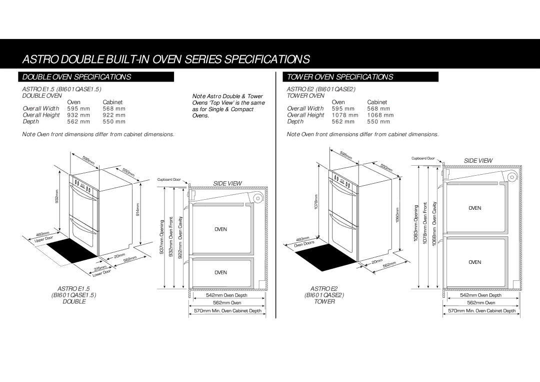 Fisher & Paykel BI601/451 warranty Astro Double BUILT-IN Oven Series Specifications, Double Oven Specifications 