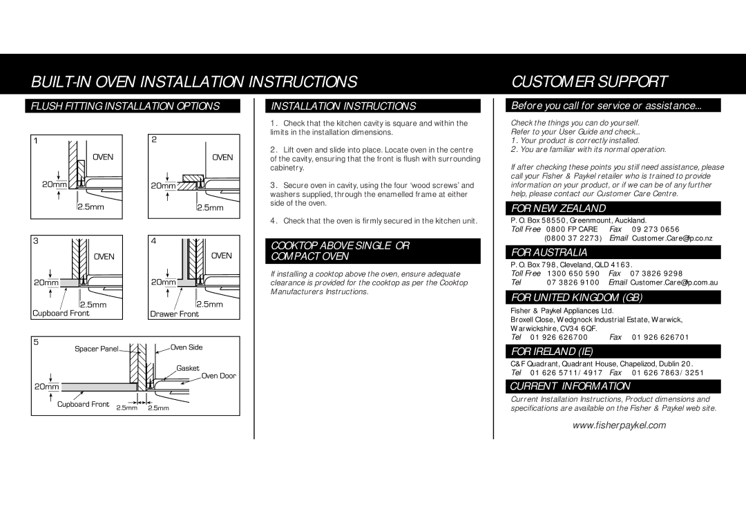 Fisher & Paykel BI601/451 warranty BUILT-IN Oven Installation Instructions Customer Support 