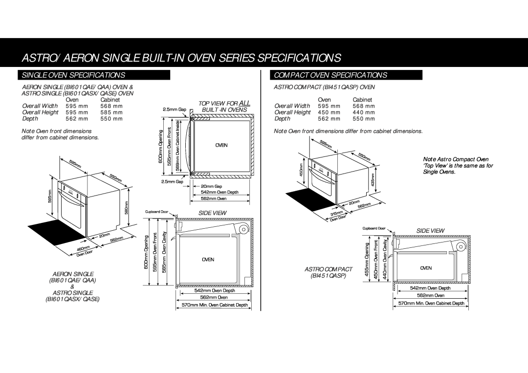 Fisher & Paykel BI601/451 warranty Single Oven Specifications, Compact Oven Specifications, Oven Cabinet 
