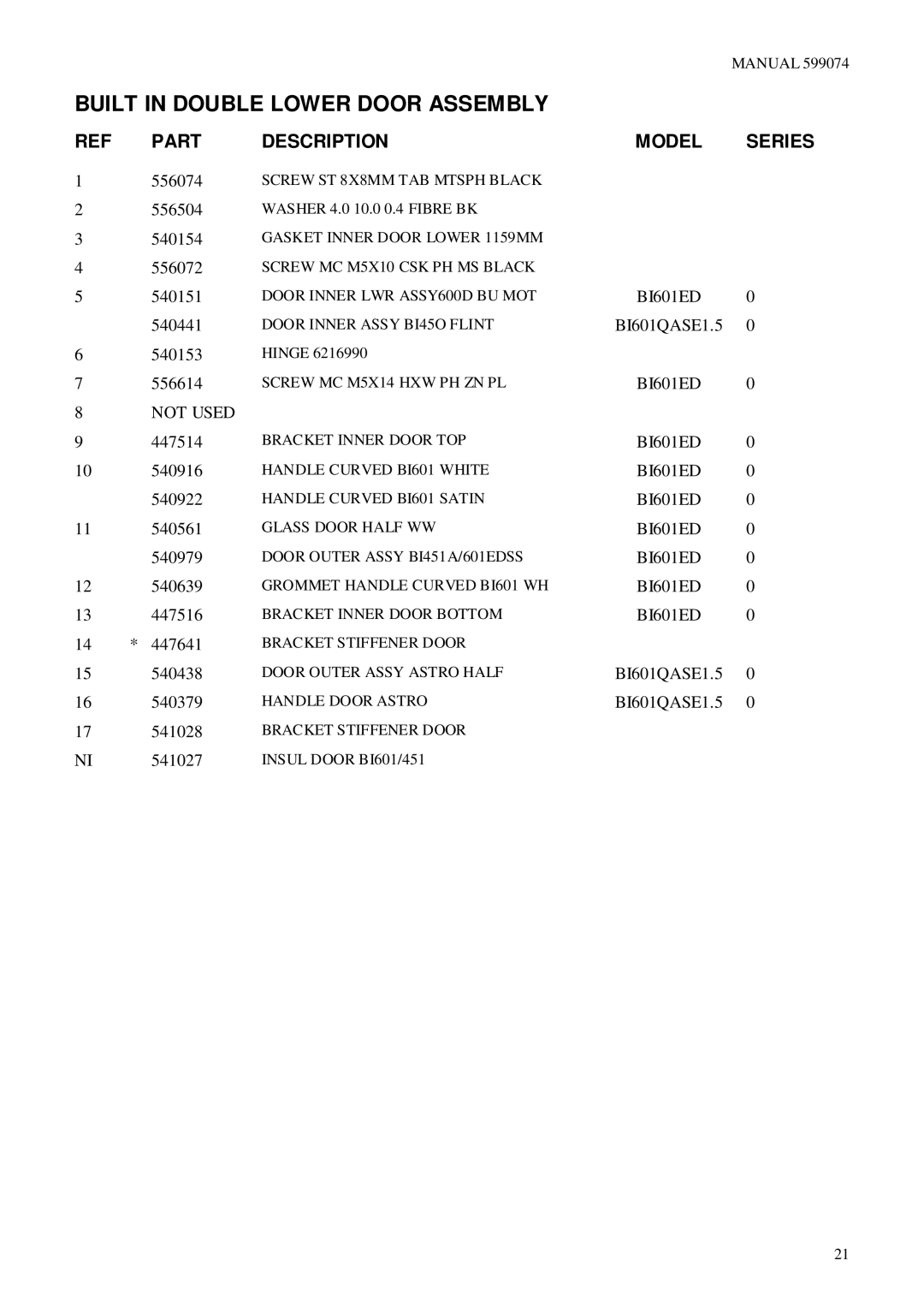 Fisher & Paykel BI601ED, BI601XC2, BI601QASE2, BI601QASE1.5, BI601 Series manual 540154 