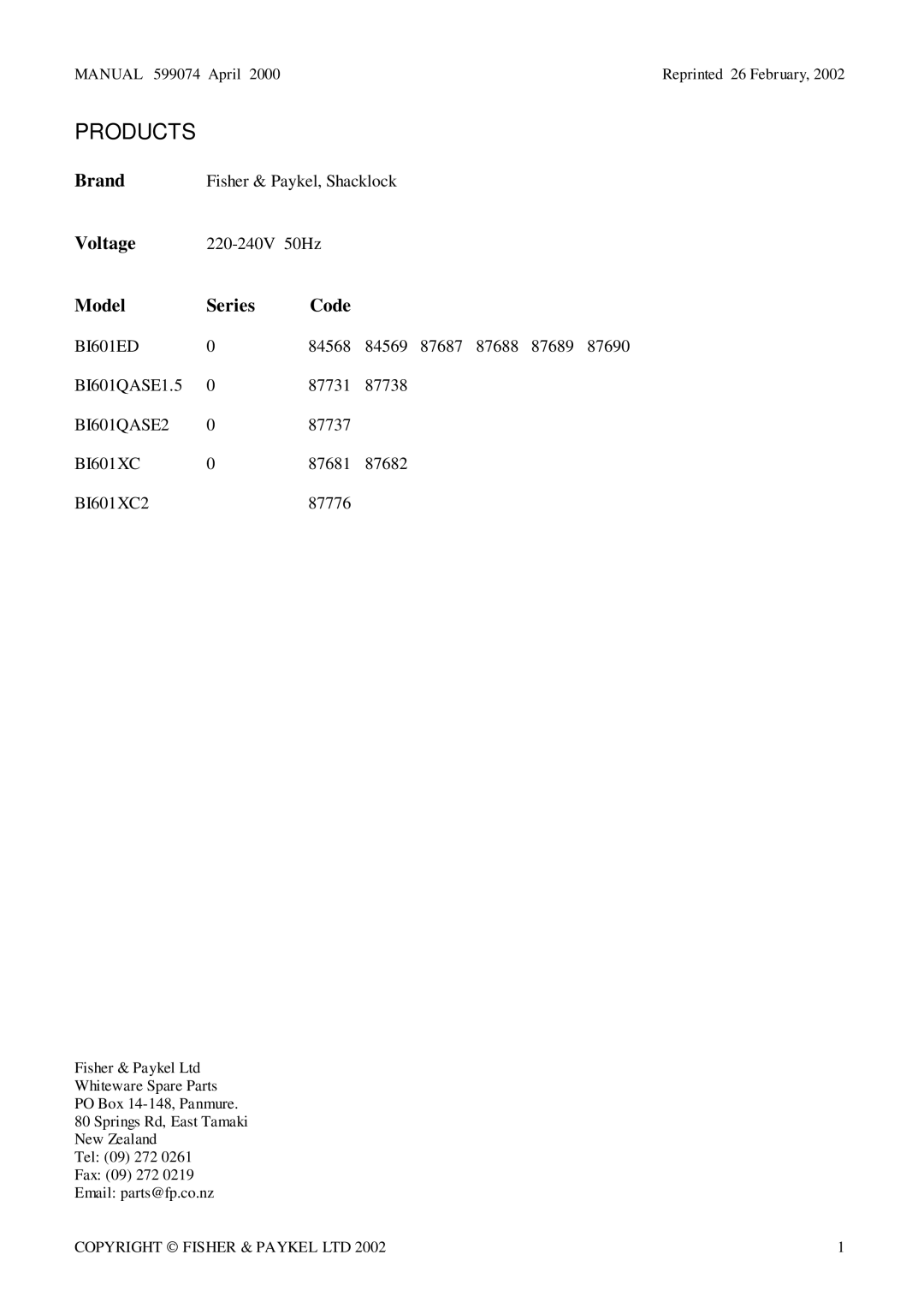 Fisher & Paykel BI601QASE1.5, BI601XC2, BI601QASE2, BI601 Series, BI601ED manual Products 