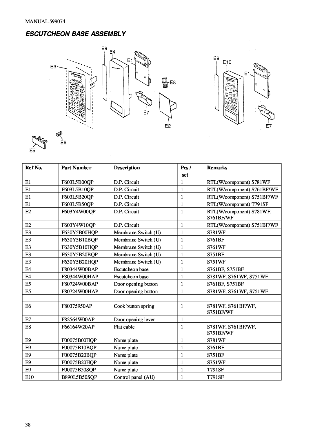 Fisher & Paykel BI601 Series, BI601XC2, BI601QASE2 manual Escutcheon Base Assembly, Ref No, Part Number, Description, Remarks 
