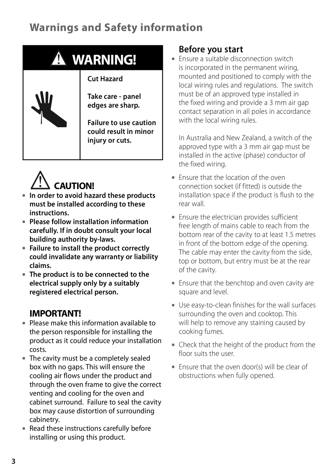 Fisher & Paykel BI602 installation instructions Before you start, Cut Hazard 