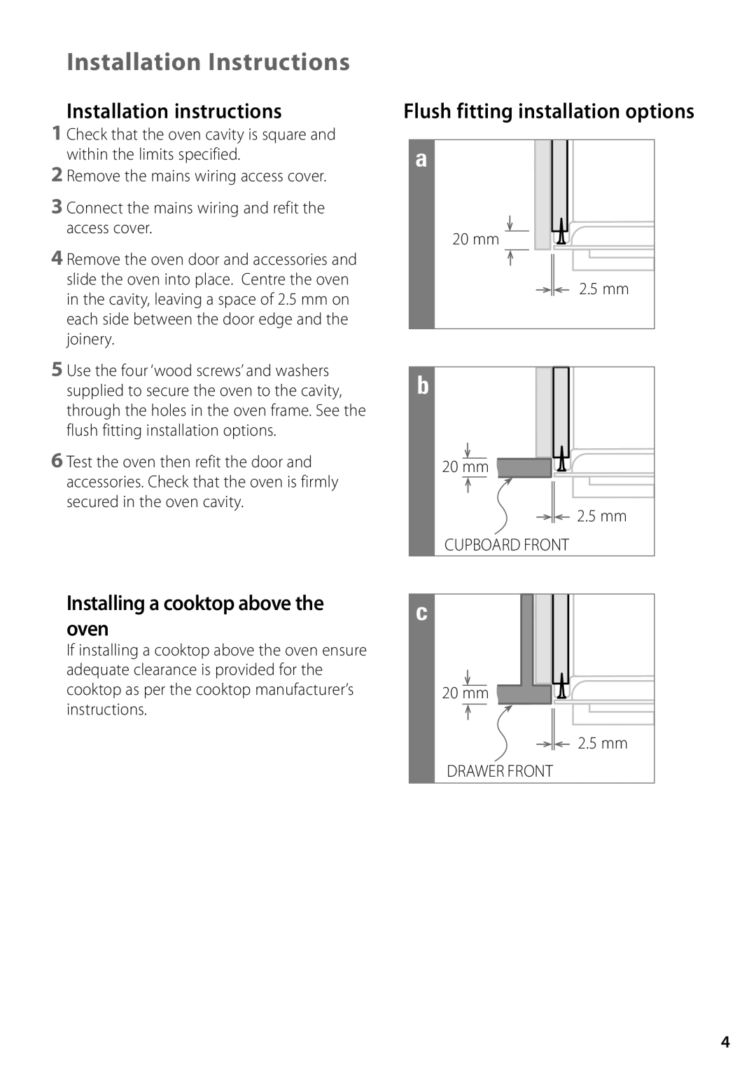 Fisher & Paykel BI602 Installation instructions, Flush fitting installation options, Installing a cooktop above the oven 