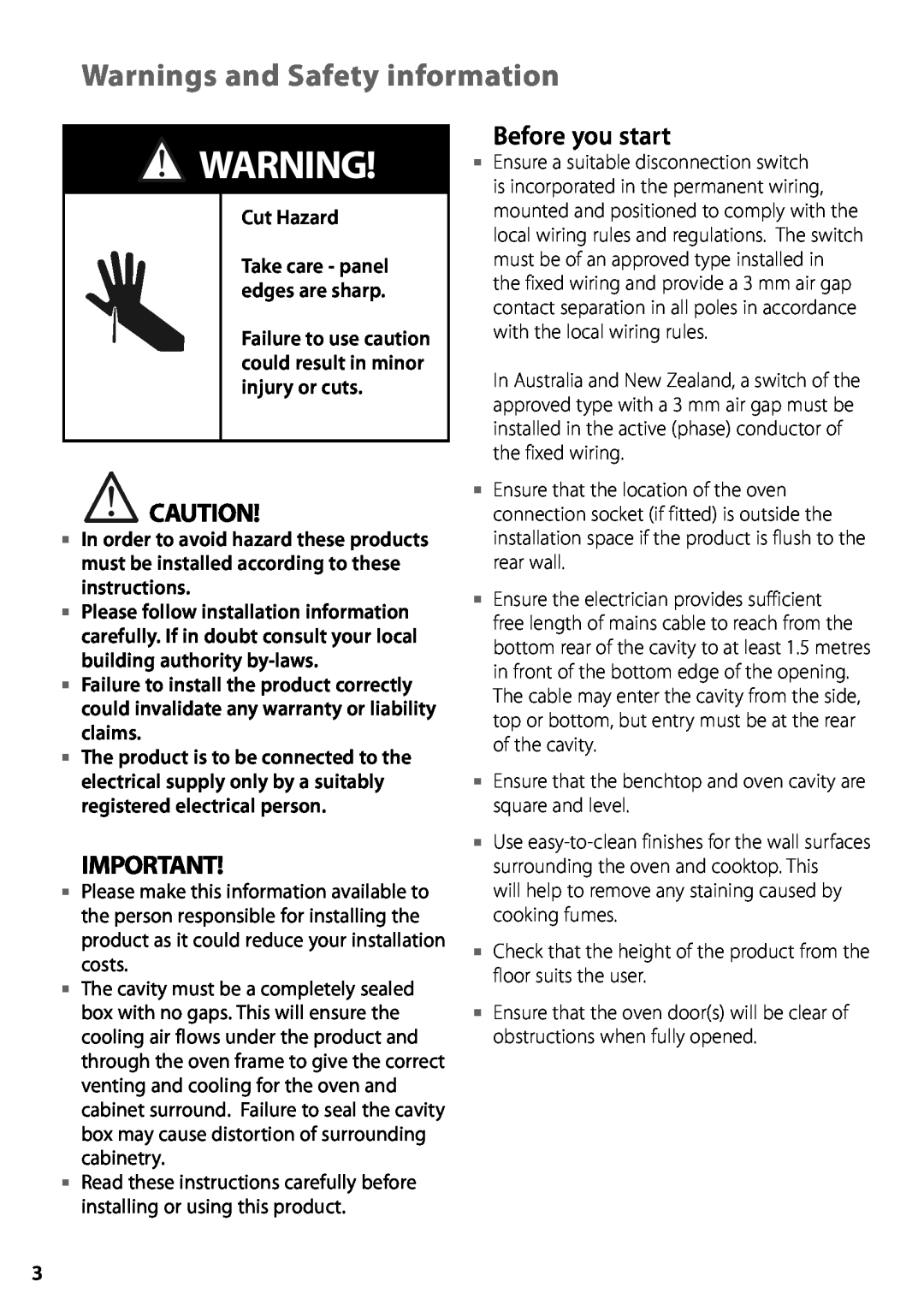 Fisher & Paykel BI602 installation instructions Warnings and Safety information, Before you start, Cut Hazard 