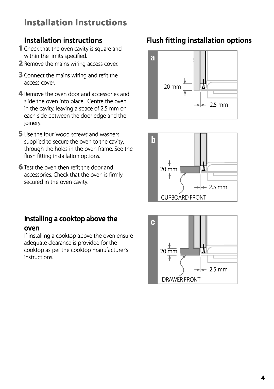 Fisher & Paykel BI602 Installation instructions, Flush fitting installation options, Installing a cooktop above the oven 
