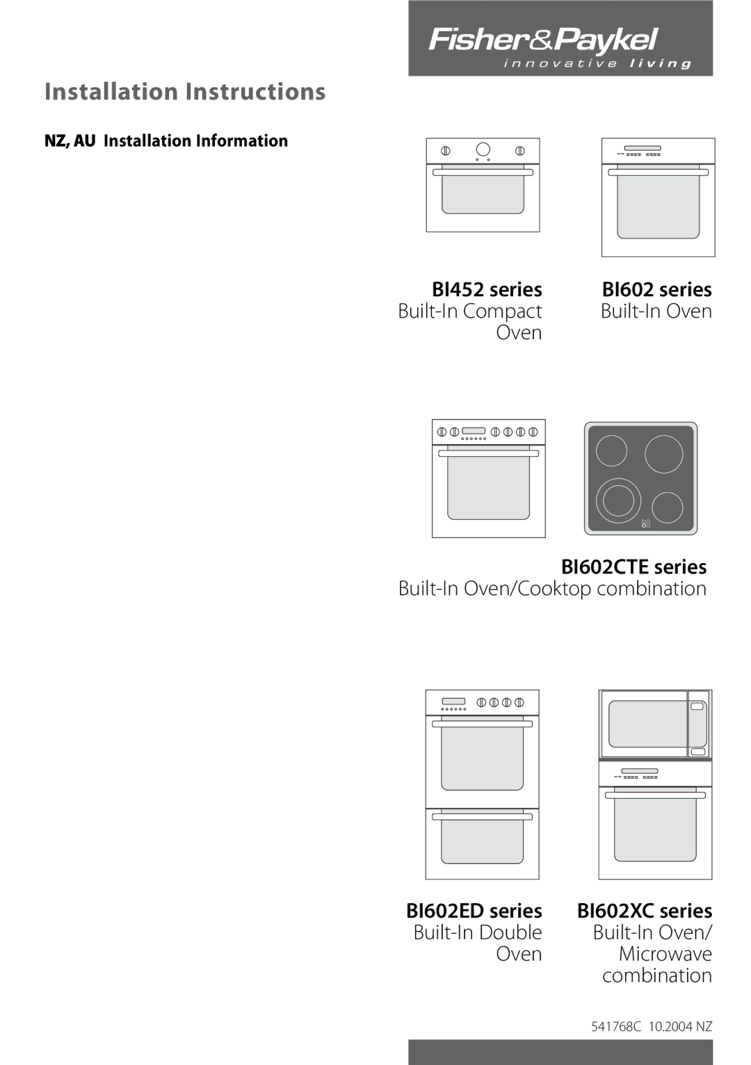 Fisher & Paykel BI602ED, BI602XC installation instructions BI452 series BI602 series, BI602CTE series 