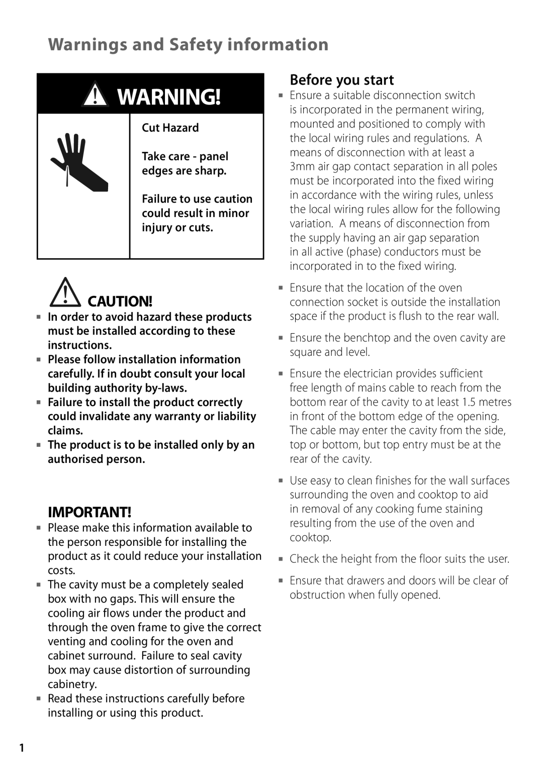 Fisher & Paykel BI602XC, BI602ED, BI602CTE installation instructions Before you start, Cut Hazard 