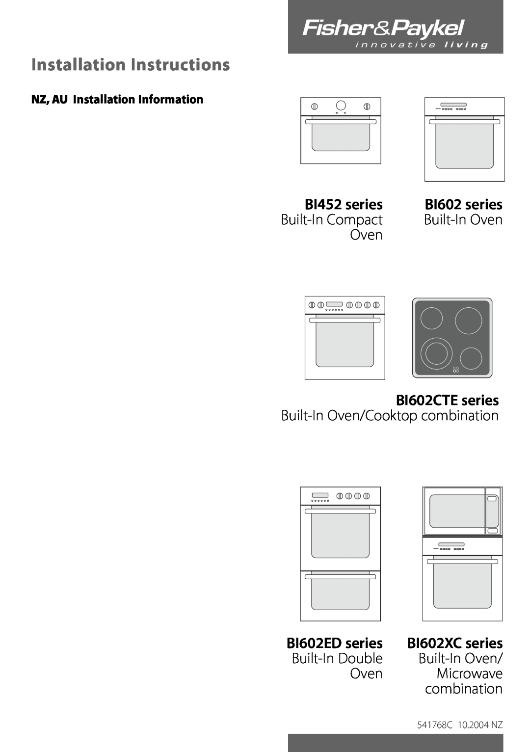 Fisher & Paykel installation instructions Installation Instructions, BI452 series, BI602 series, BI602CTE series, Oven 
