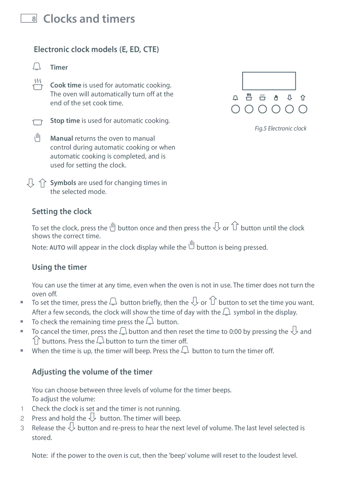 Fisher & Paykel BI603, BI453 manual Electronic clock models E, ED, CTE, Setting the clock, Using the timer 