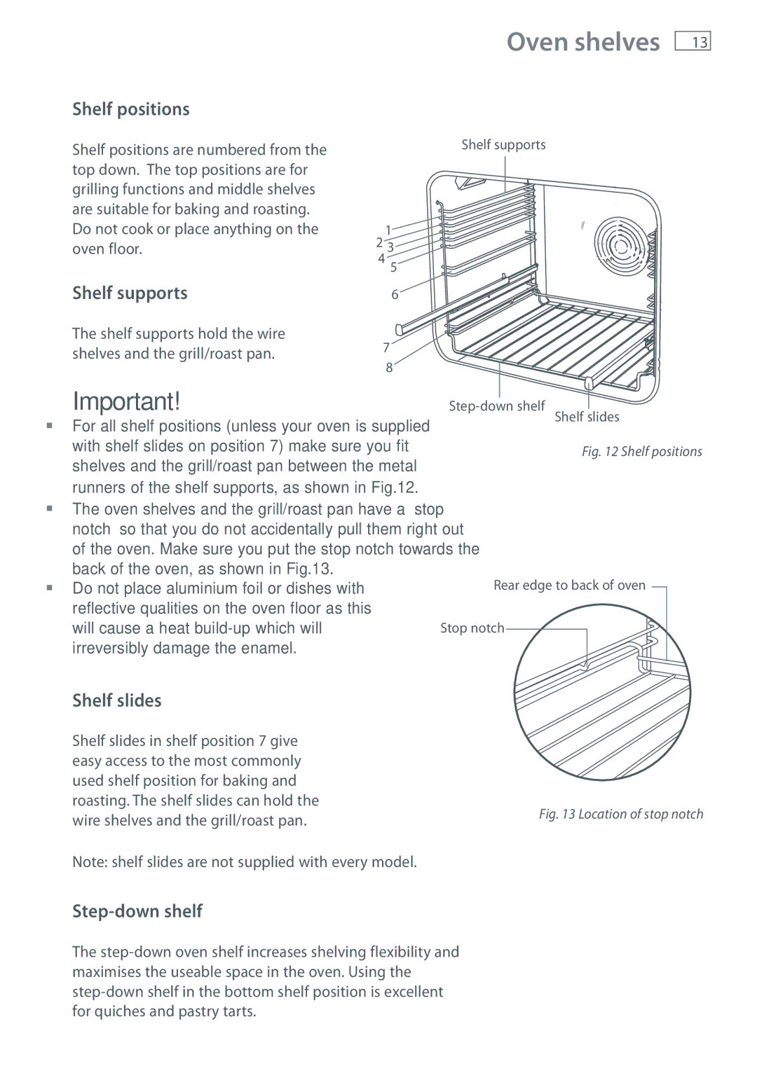 Fisher & Paykel BI453, BI603 manual Oven shelves, Shelf positions, Shelf slides, Step-down shelf 