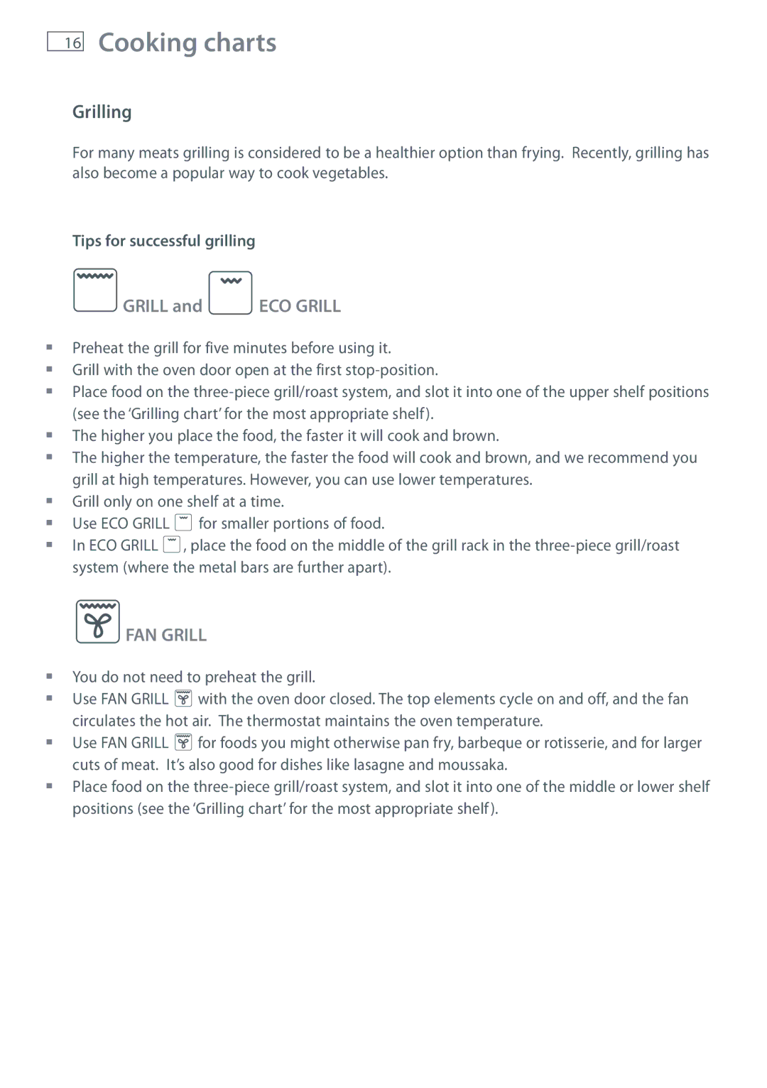 Fisher & Paykel BI603, BI453 manual Cooking charts, Grilling, Tips for successful grilling 