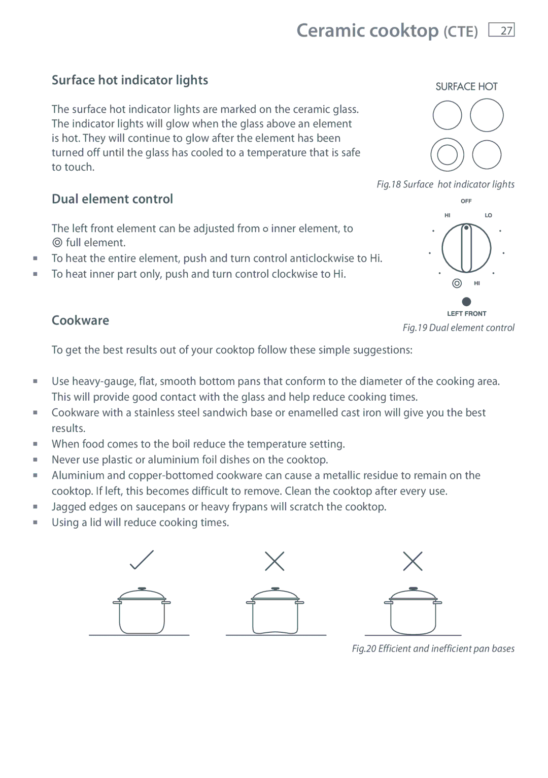 Fisher & Paykel BI453 Surface hot indicator lights, Dual element control, Cookware, Using a lid will reduce cooking times 