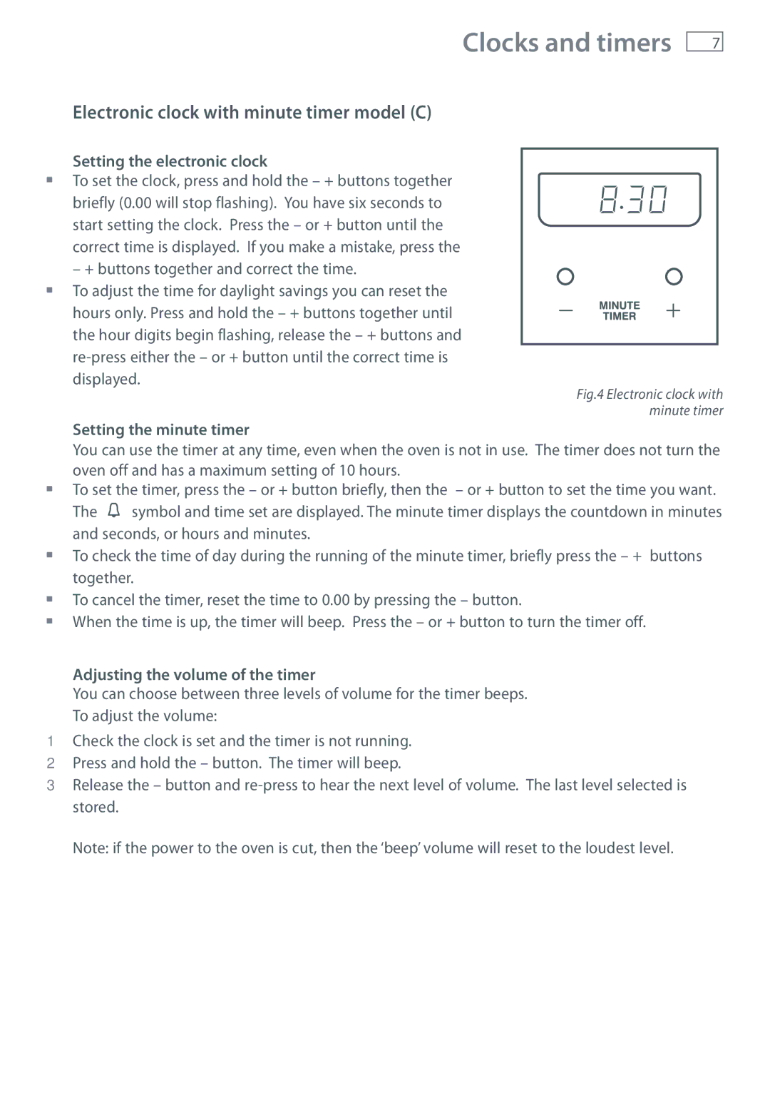 Fisher & Paykel BI453 Electronic clock with minute timer model C, Setting the electronic clock, Setting the minute timer 