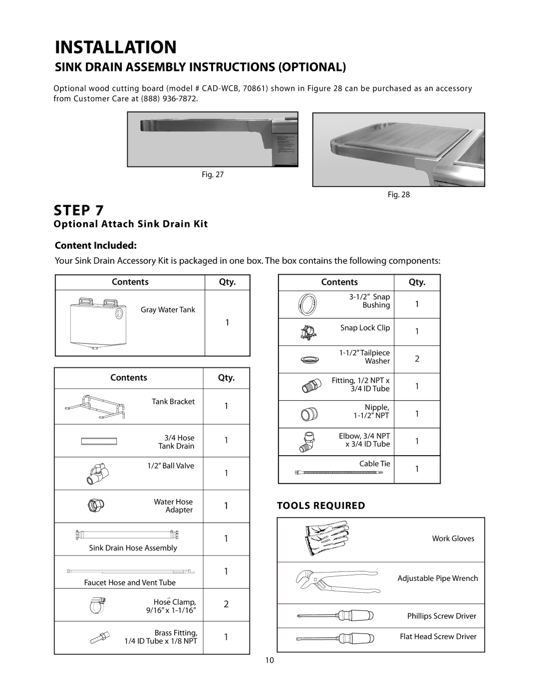 Fisher & Paykel CAD-48, CAD-30, CAD-36 manual Optional Attach Sink Drain Kit Content Included, Tools Required 