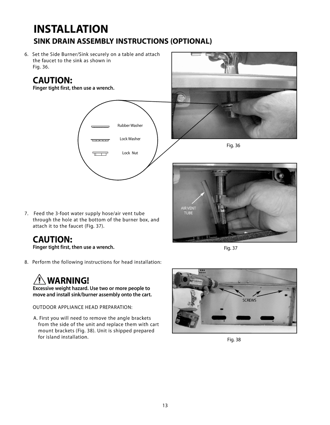 Fisher & Paykel CAD-48, CAD-30, CAD-36 manual Finger tight first, then use a wrench 