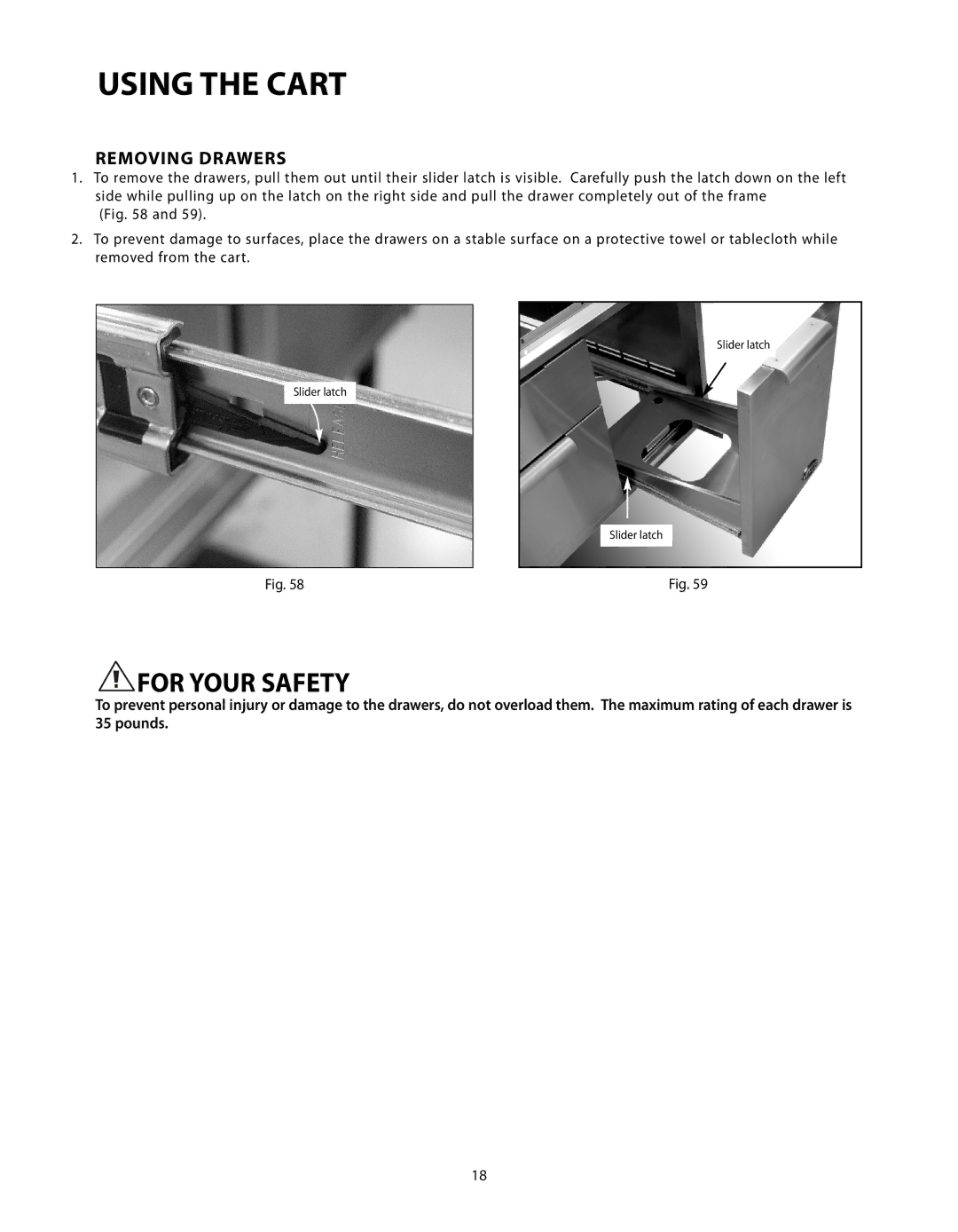 Fisher & Paykel CAD-36, CAD-48, CAD-30 manual Using the Cart, Removing Drawers 