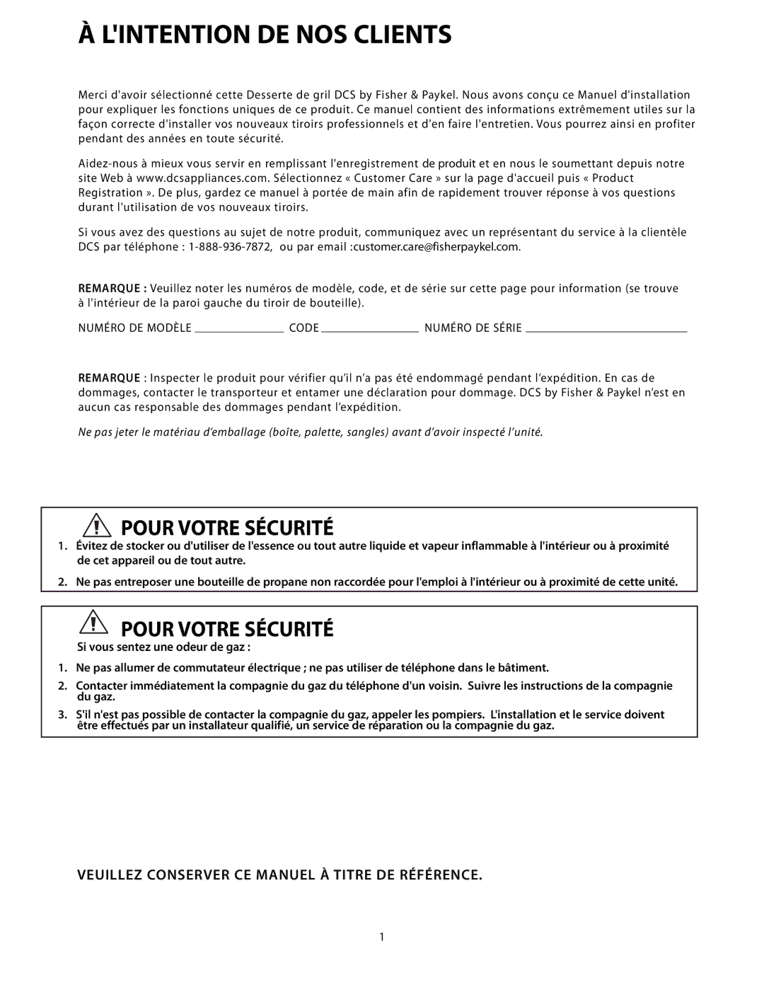 Fisher & Paykel CAD-30 Lintention DE NOS Clients, Pour Votre Sécurité, Veuillez Conserver CE Manuel À Titre DE Référence 