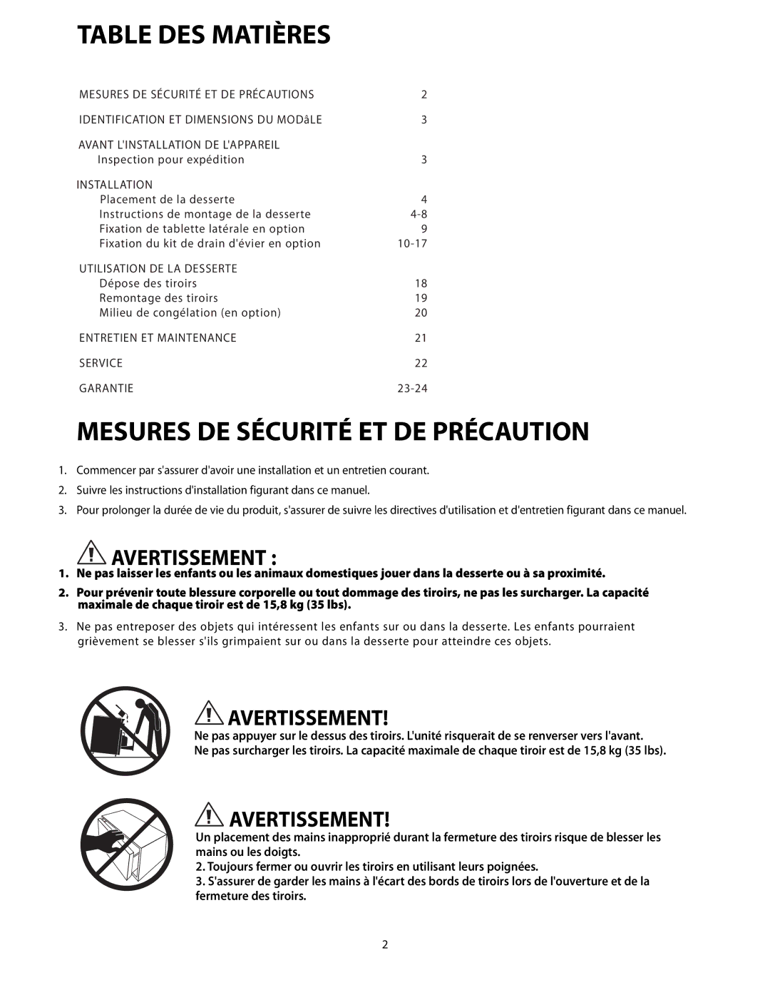 Fisher & Paykel CAD-36, CAD-48, CAD-30 manual Table DES Matières, Mesures DE Sécurité ET DE Précaution, Avertissement 