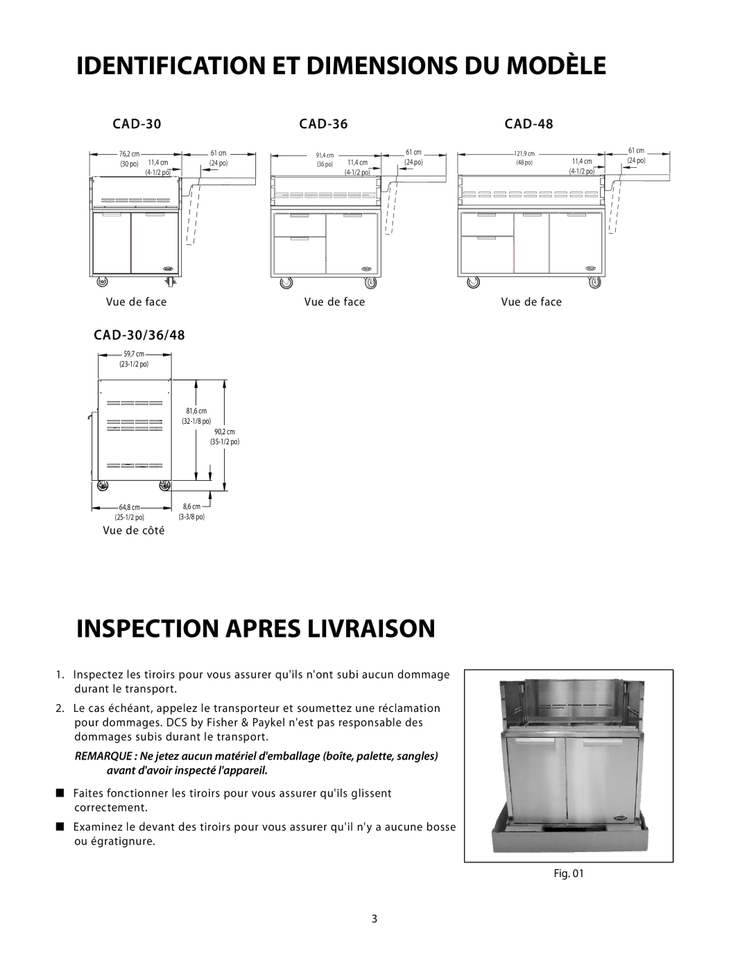 Fisher & Paykel CAD-48, CAD-36 manual Identification ET Dimensions DU Modèle, Inspection Apres Livraison, CAD-30 