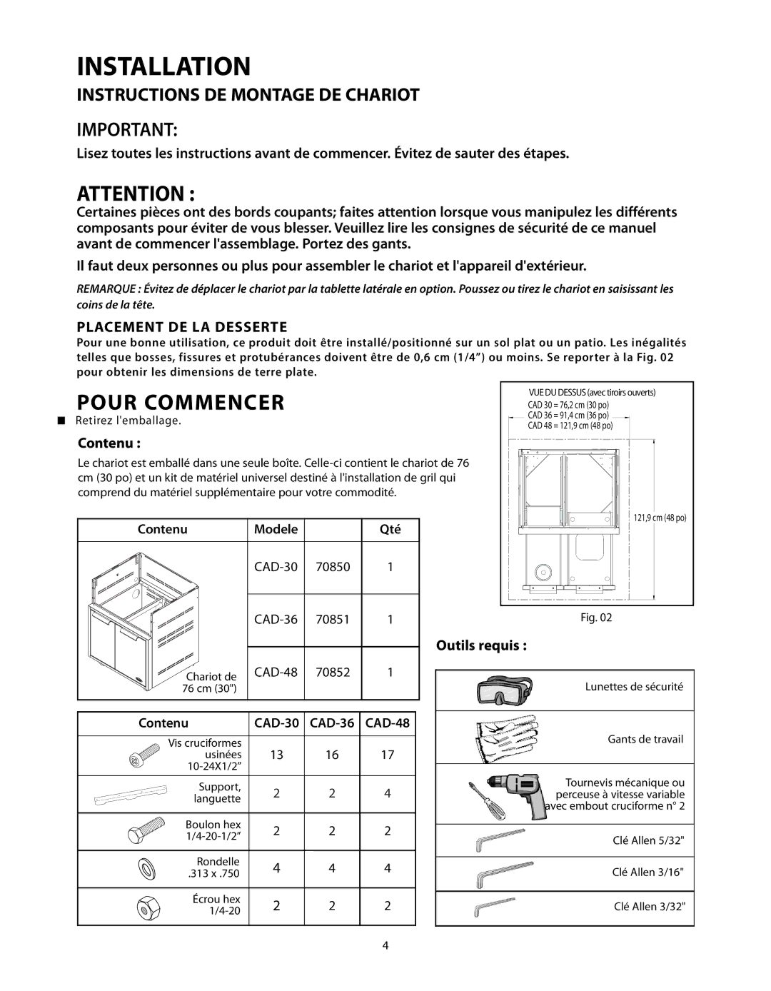 Fisher & Paykel CAD-30, CAD-48, CAD-36 manual Pour Commencer, Placement DE LA Desserte, Contenu 