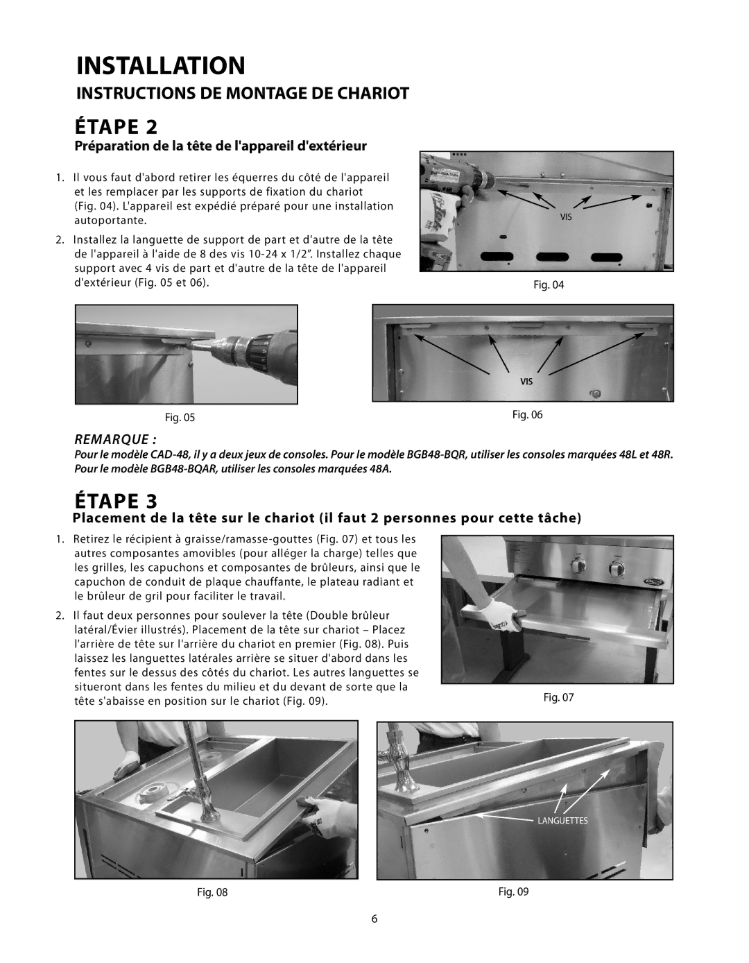 Fisher & Paykel CAD-48, CAD-30, CAD-36 manual Préparation de la tête de lappareil dextérieur, Remarque 