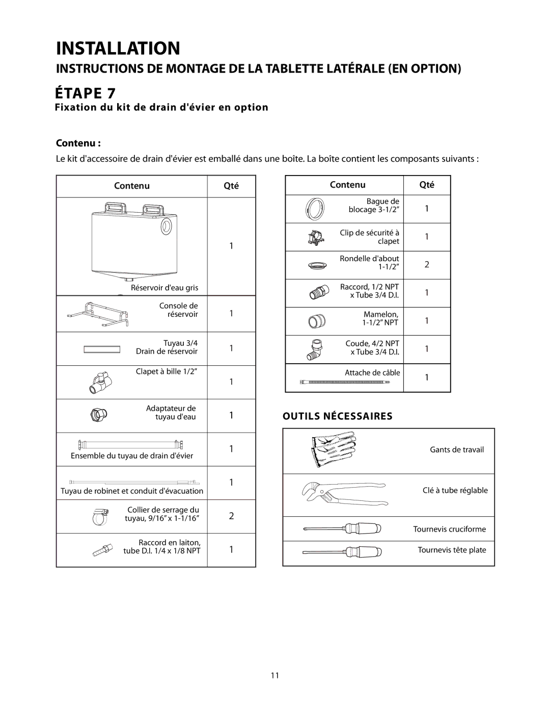 Fisher & Paykel CAD-36, CAD-48, CAD-30 manual Fixation du kit de drain dévier en option Contenu, Outils Nécessaires 