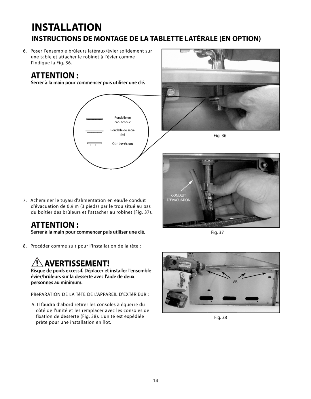 Fisher & Paykel CAD-36, CAD-48, CAD-30 manual Serrer à la main pour commencer puis utiliser une clé 