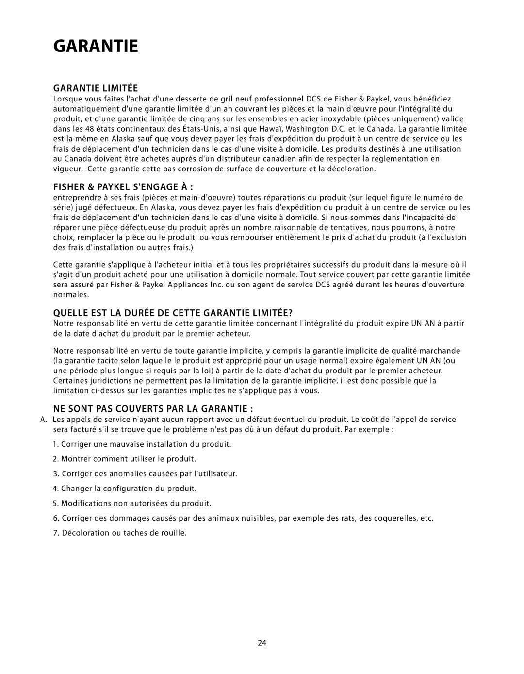 Fisher & Paykel CAD-48 Garantie Limitée, Fisher & Paykel Sengage À, Quelle EST LA Durée DE Cette Garantie LIMITÉE? 