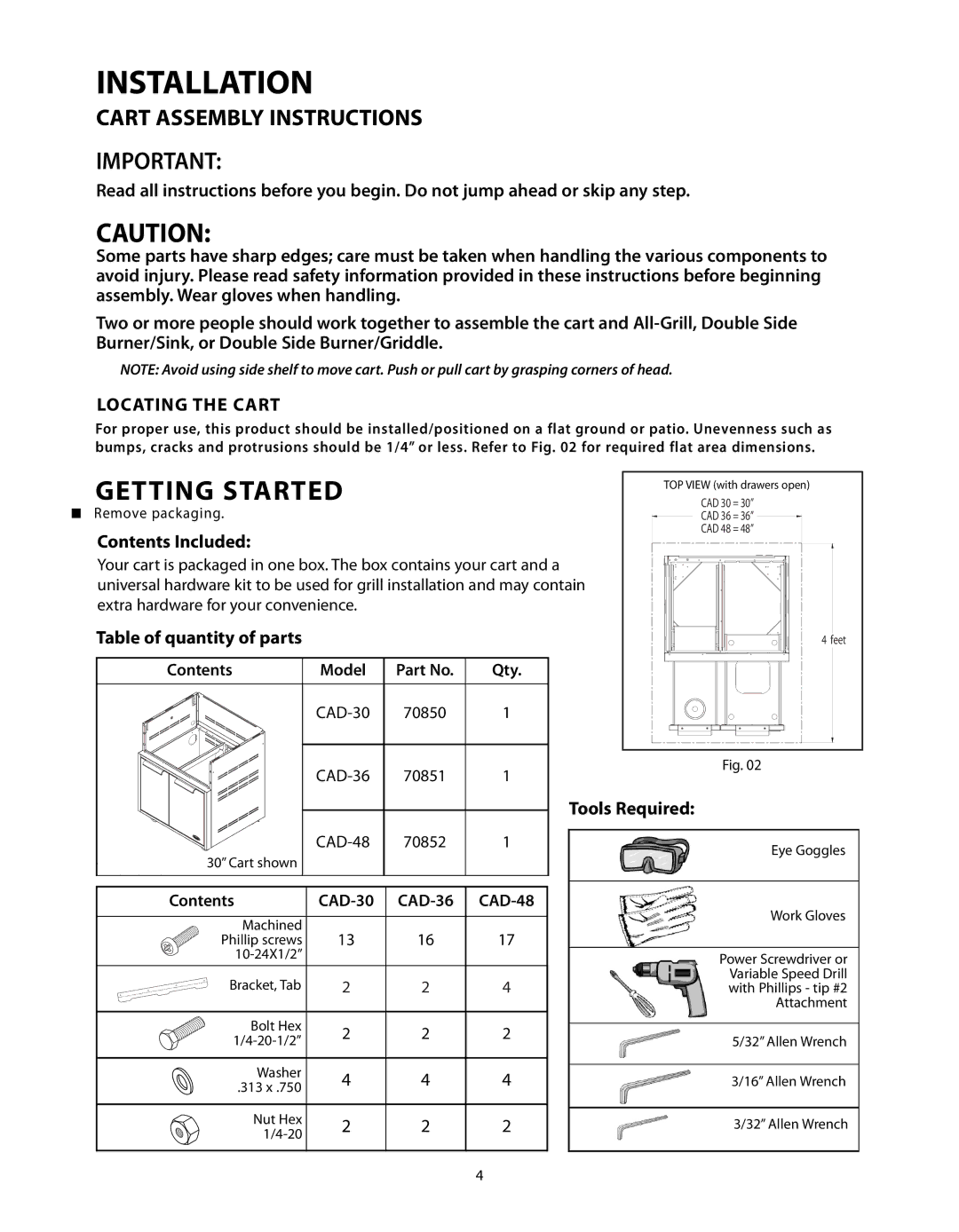 Fisher & Paykel CAD-48 Installation, Getting Started, Locating the Cart, Contents Included, Table of quantity of parts 